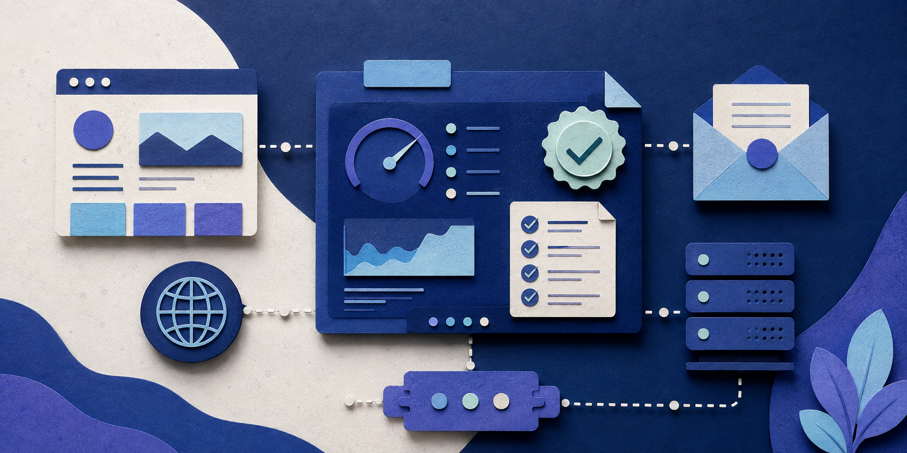 Painel de gestão técnica acompanhando site, domínio, e-mail e hospedagem
