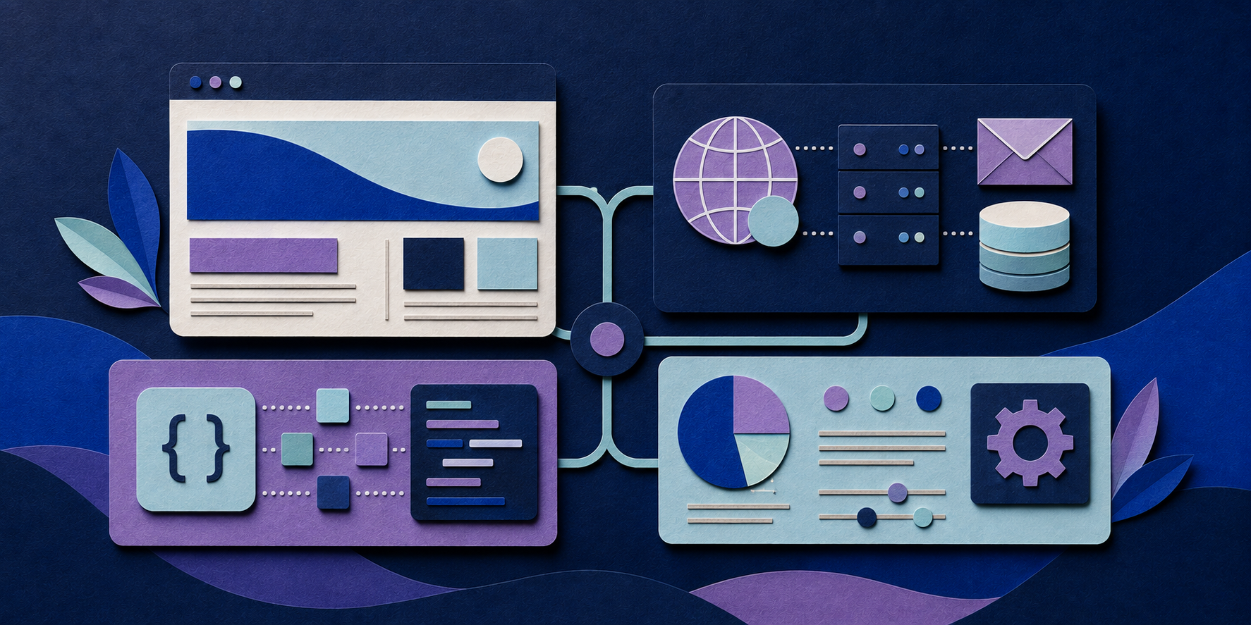Portfólio integrado de sites, infraestrutura, APIs e gestão técnica representado em papel