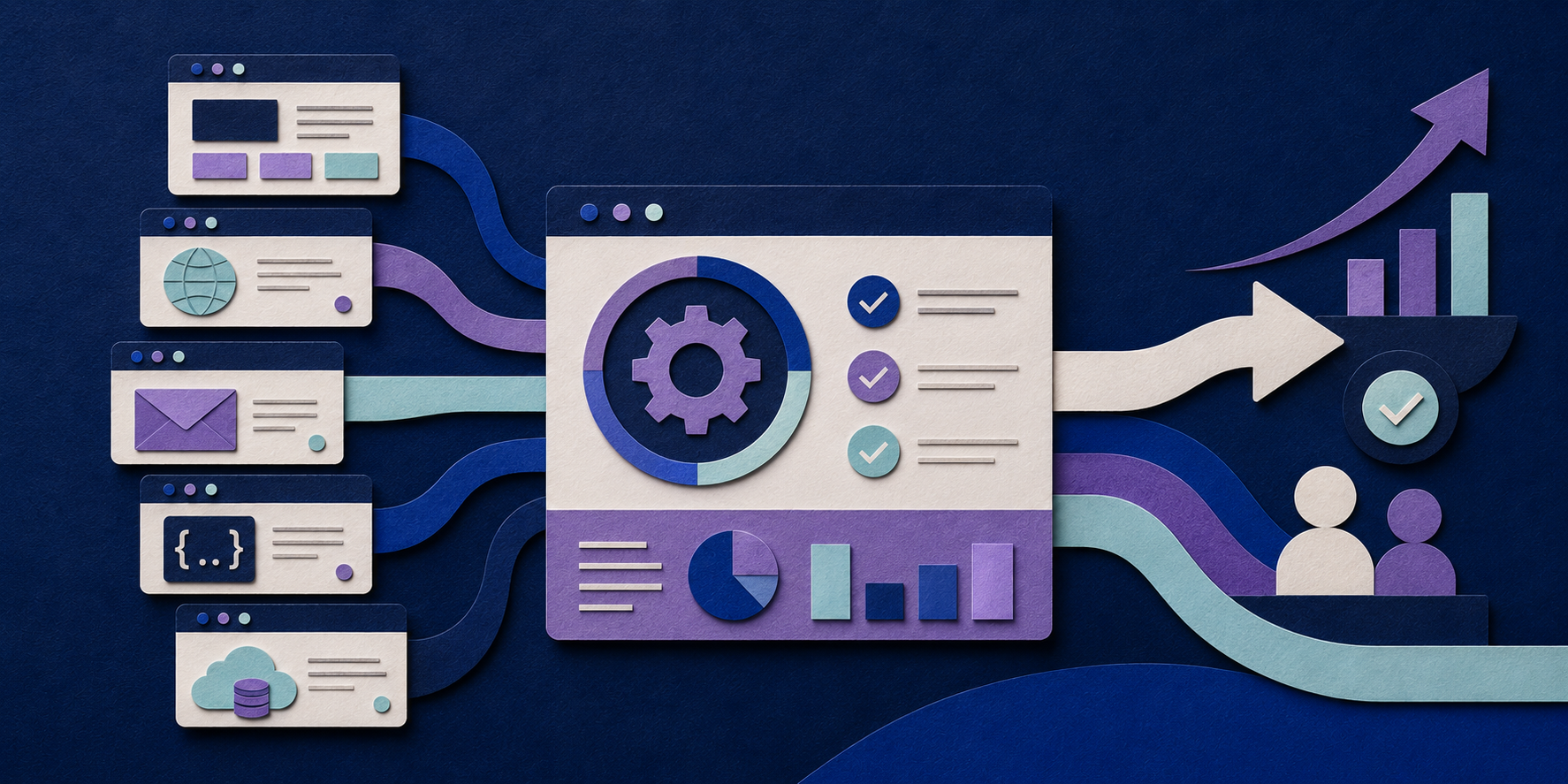 Serviços digitais centralizados com responsabilidade técnica e continuidade representados em papel